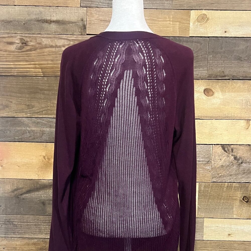 Maurices Long Cardigan Sweater Open Knit, Interesting Detail on Back, Medium